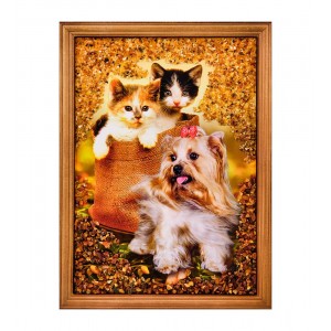 Картина Два котенка и щенок (янтарная крошка)