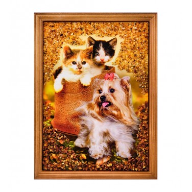 Картина Два котенка и щенок (янтарная крошка)