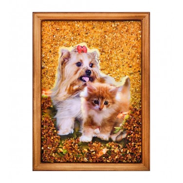 Картина Котенок и щенок (янтарная крошка)