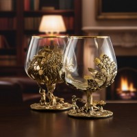 Набор бокалов для коньяка Охота на медведя и уток (в ларце)