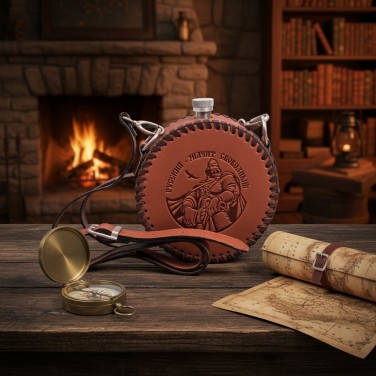 Фляга круглая Русский, значит свободный (из кожи)