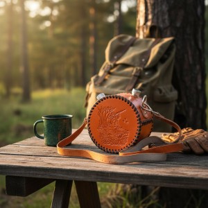 Фляга круглая Охотничья (натуральная кожа)