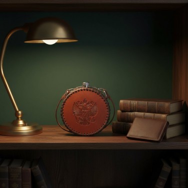 Фляга круглая Герб России (натуральная кожа)