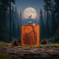 Фляга походная Волк и луна (из натуральной кожи)