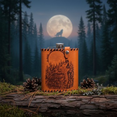 Фляга походная Волк и луна (из натуральной кожи)